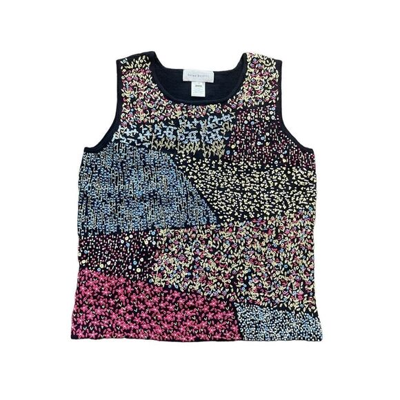 Susan Bristol cross stitch, floral abstract black tank top - Picture 1 of 6